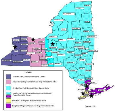 map showing the counties of New York and the regional poison centers that serve them
