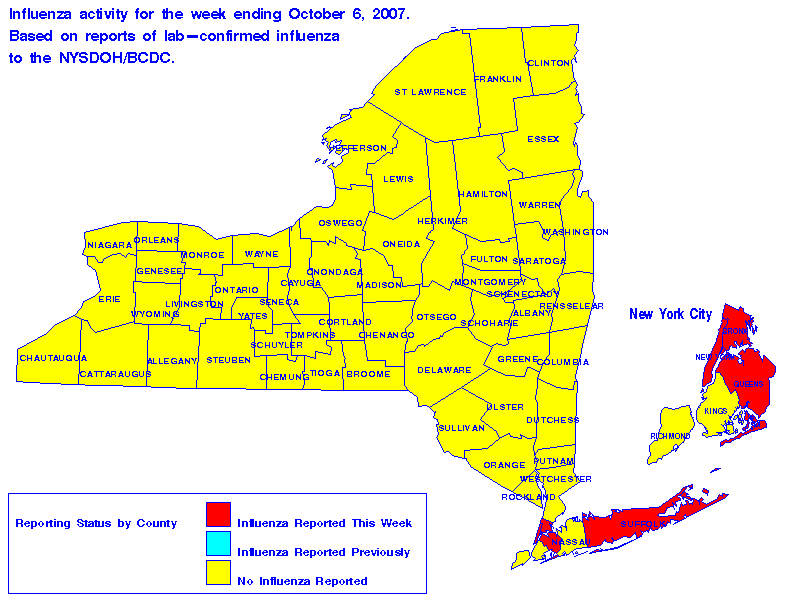 Map of flu activity in New York State for the week ending 2007-10-06