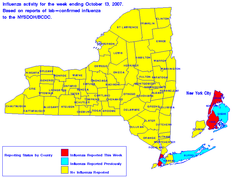 Map of flu activity in New York State for the week ending 2007-10-13