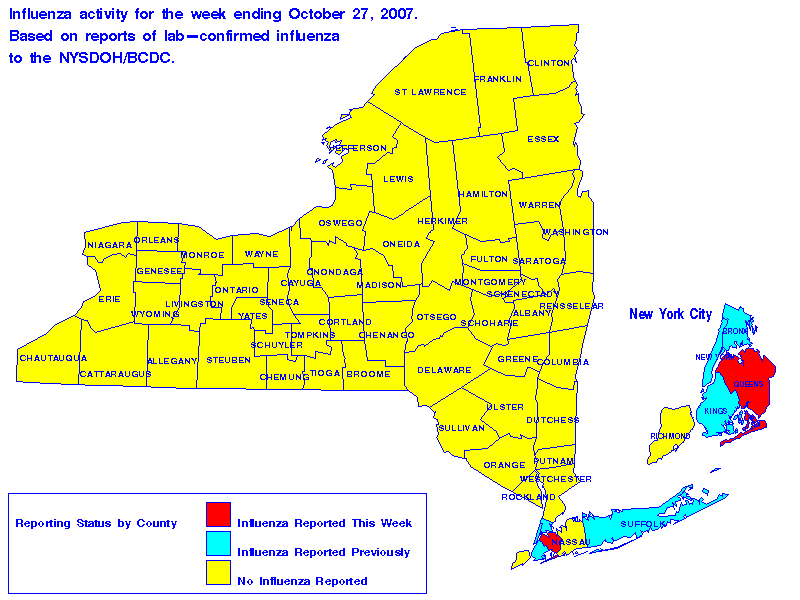 Map of flu activity in New York State for the week ending 2007-10-27