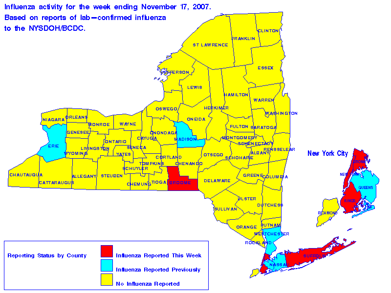 Map of flu activity in New York State for the week ending 11-17-2007