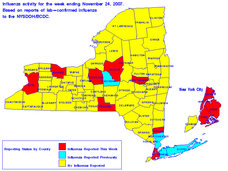 Map of flu activity in New York State for the week ending 11-24-2007