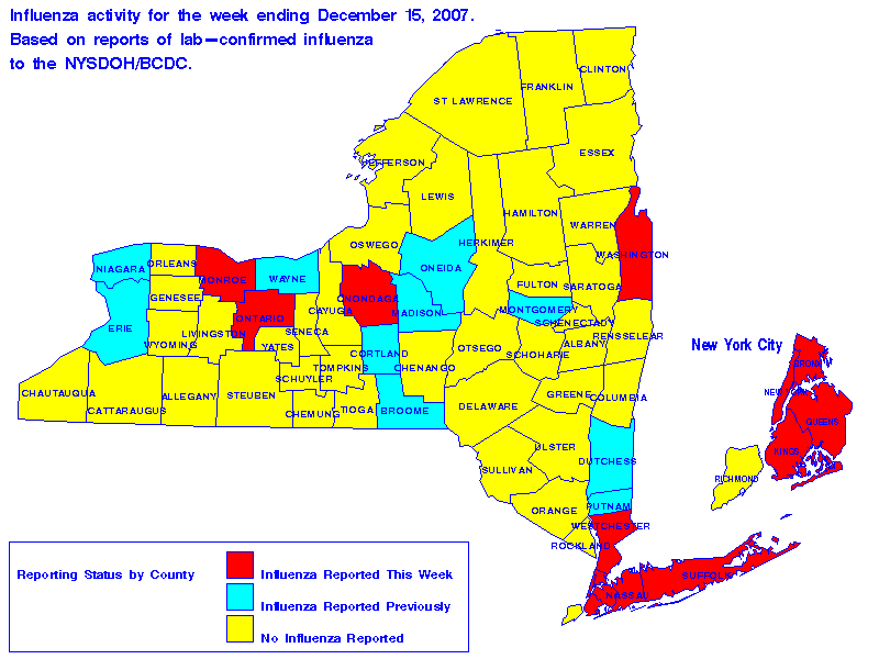 Map of flu activity in New York State for the week ending 12-15-2007