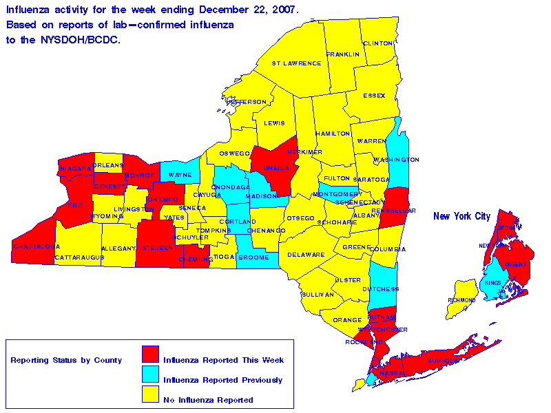 Map of flu activity in New York State for the week ending 12-22-2007