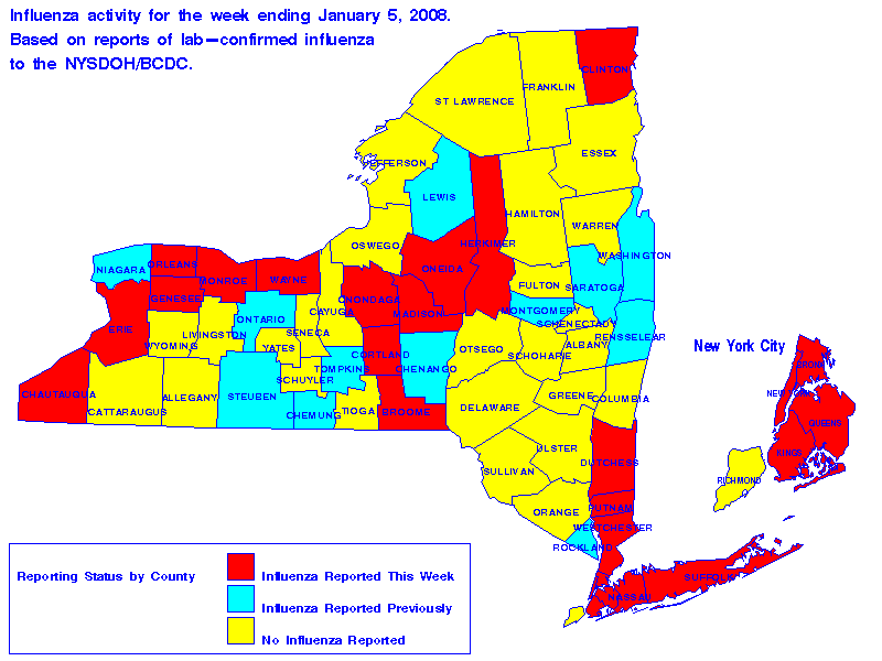 Map of flu activity in New York State for the week ending 01-05-2008