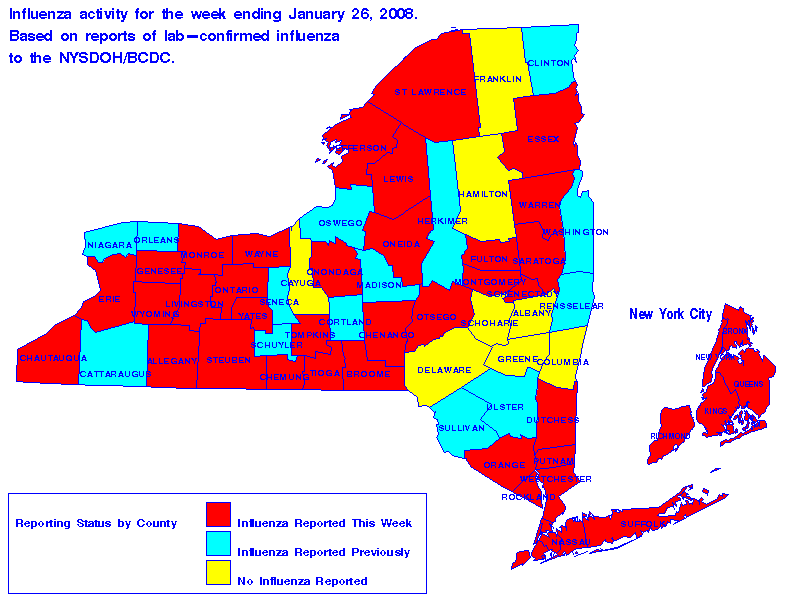 Map of flu activity in New York State for the week ending 01-26-2008