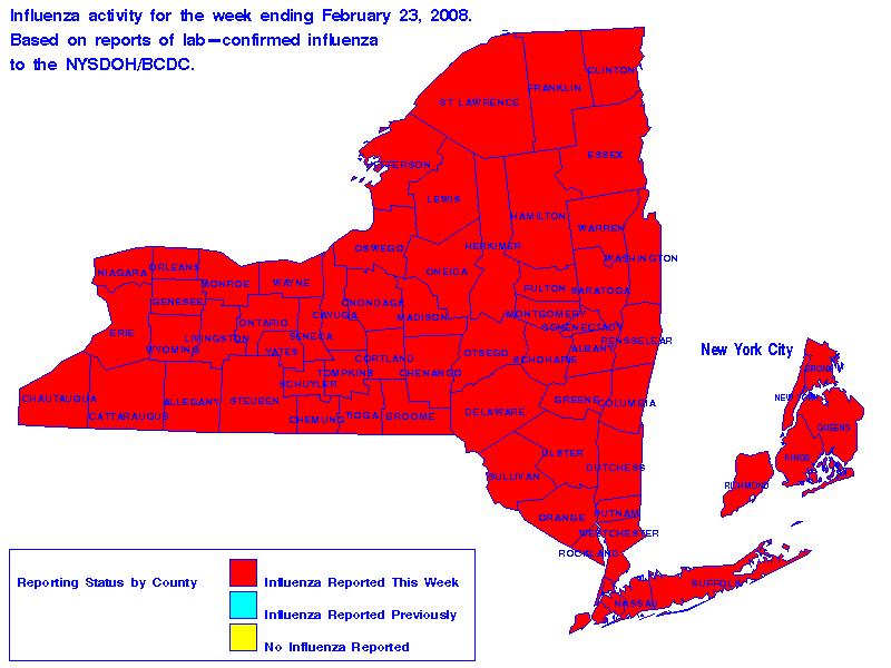 Map of flu activity in New York State for the week ending 02-23-2008