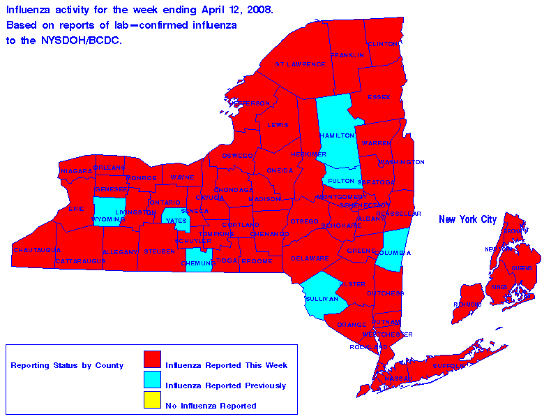 Map of flu activity in New York State for the week ending 04-12-2008