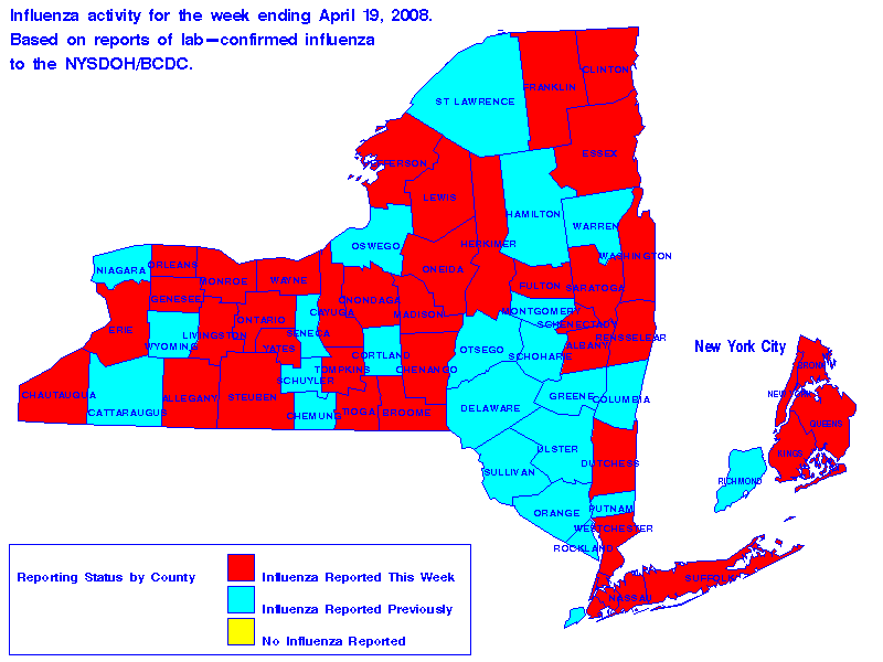 Map of flu activity in New York State for the week ending 04-19-2008