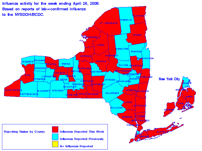 Map of flu activity in New York State for the week ending 04-26-2008