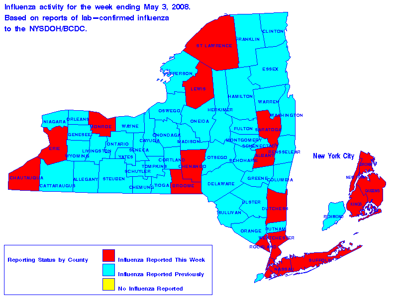 Map of flu activity in New York State for the week ending 05-03-2008