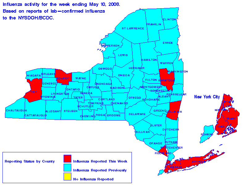 Map of flu activity in New York State for the week ending 05-10-2008