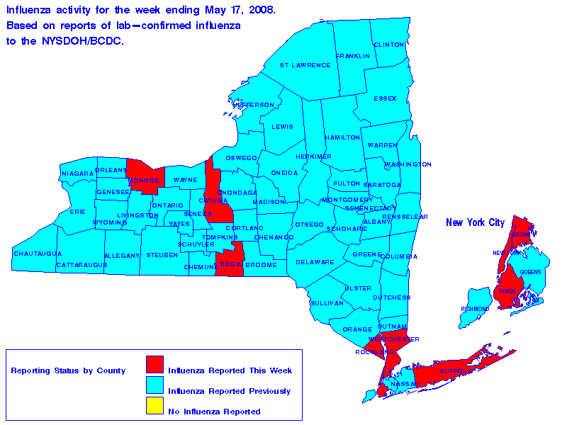 Map of flu activity in New York State for the week ending 05-17-2008