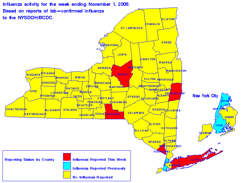 Map of flu activity in New York State for the week ending 11-01-2008