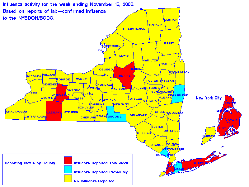 Map of flu activity in New York State for the week ending 11-15-2008