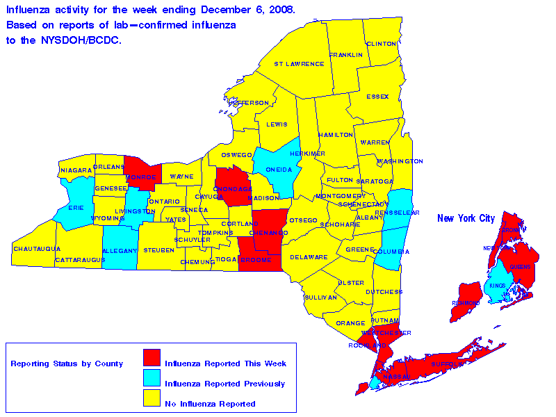 Map of flu activity in New York State for the week ending 12-06-2008