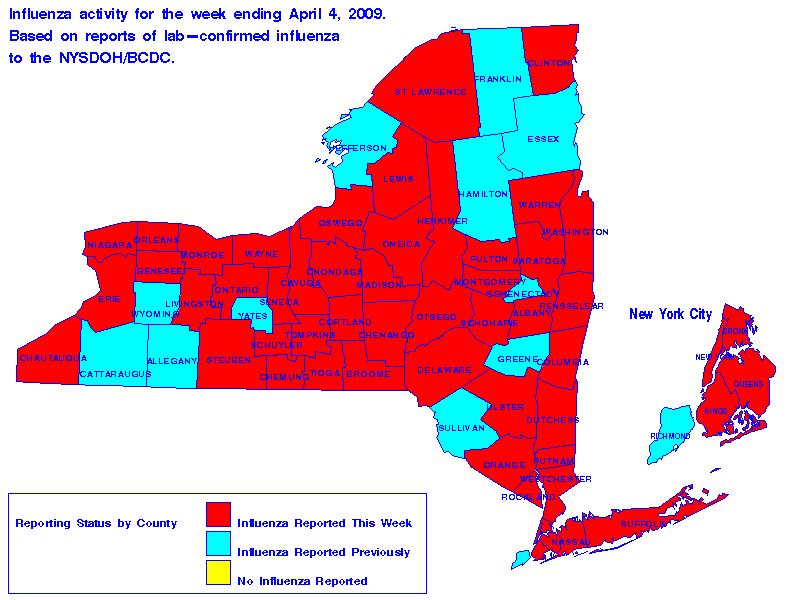 Map of flu activity in New York State for the week ending 04-04-2009