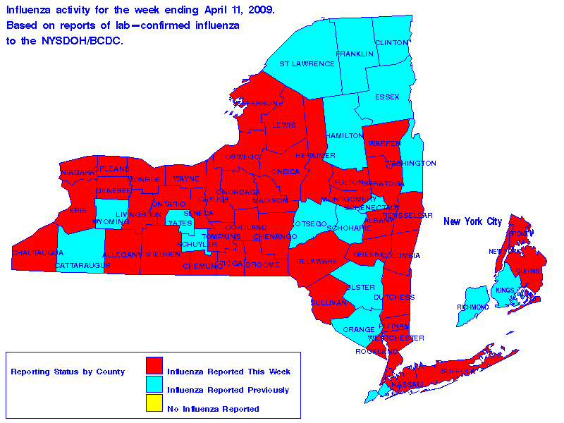 Map of flu activity in New York State for the week ending 04-11-2009