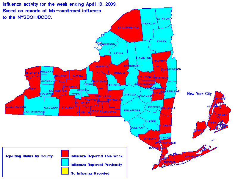 Map of flu activity in New York State for the week ending 04-18-2009