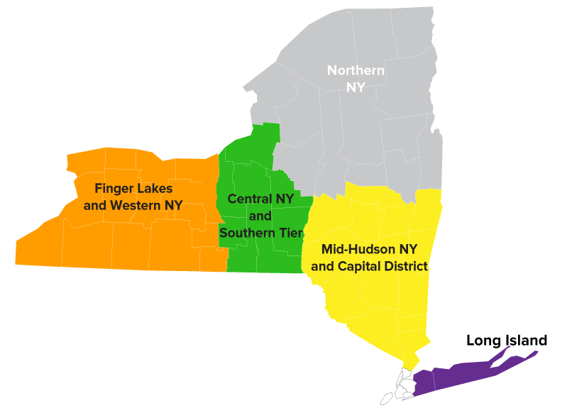 NY State map showing study regions and timeline of recruitment