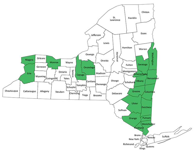 Map of New York State showing available county level maps from drop down menu.