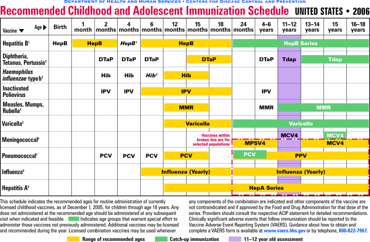 Recommended Childhood and Adolescent Immunization Schedule, By Vaccine and Age Group - United States - 2006