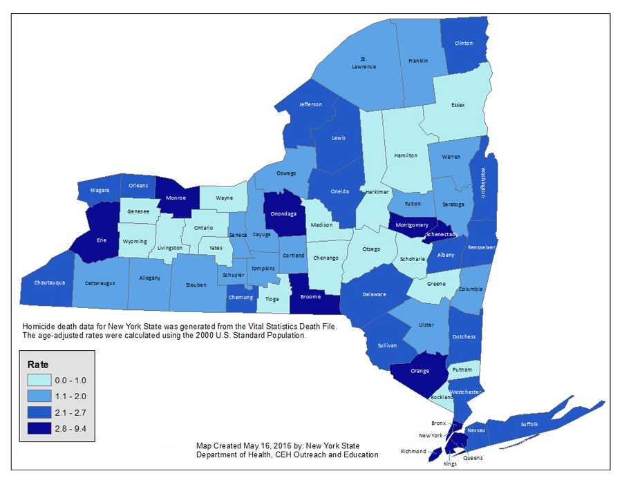 Map Showing Incidence of Violent Deaths in New York State Residents, Rate by County per 100,000 Residents