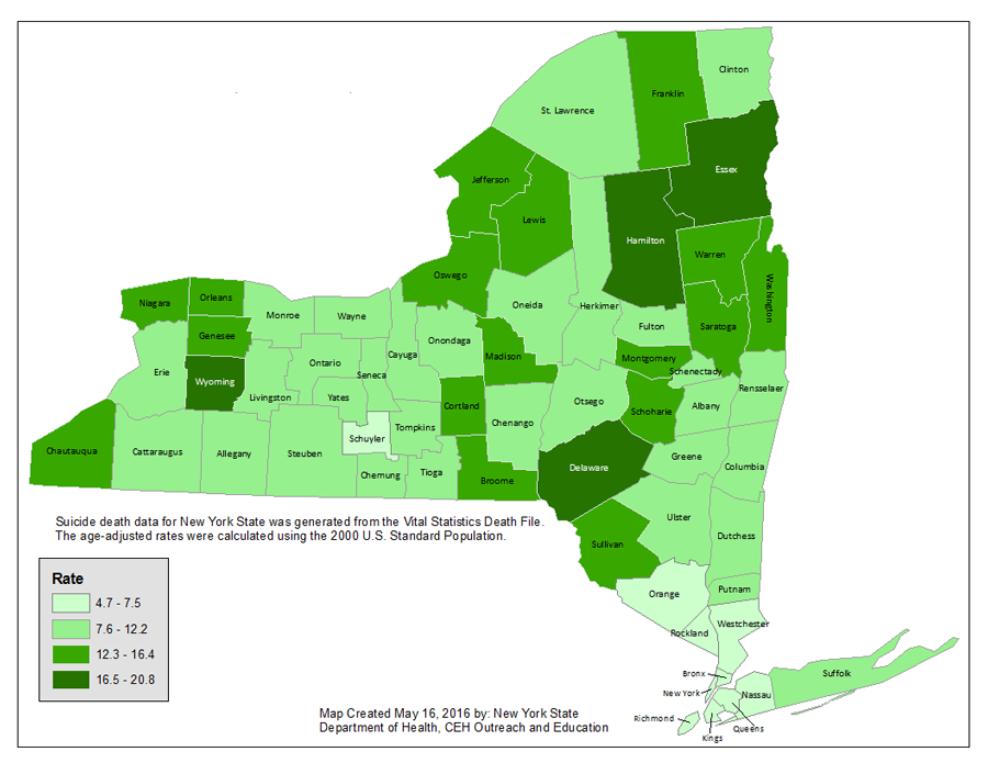 Map showing Incidence of Suicide Deaths in New York State Residents, Rate by County per 100,000 Rresidents, 2010-2012